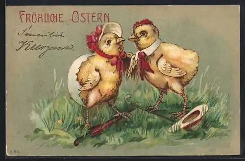 Präge-AK Zwei Osterküken auf einer Wiese