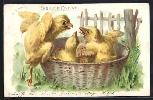 AK Fröhliche Ostern, Streitende Osterküken in einem Korb