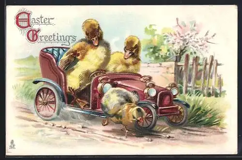 Präge-AK Osterküken fahren mit einem Auto, Easter Greetings