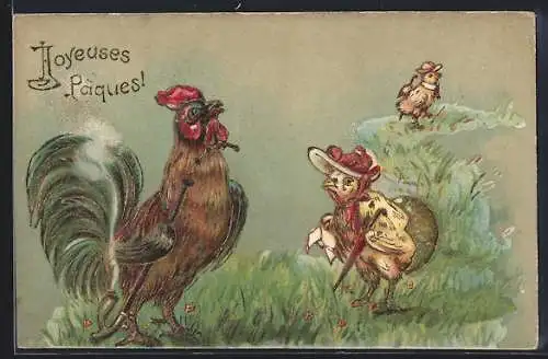 Präge-AK Hahn und Osterküken auf einer Wiese, Joyeuses Pâques