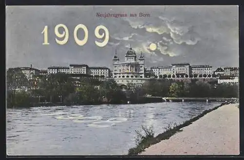 AK Bern, Flusspartie mit aufgehender Jahreszahl 1909