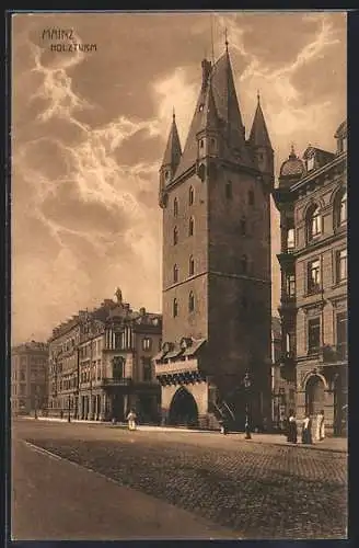 AK Mainz, Strassenpartie mit Holzturm