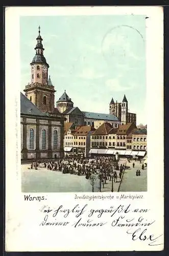 Lithographie Worms, Ortspartie mit Marktplatz und Dreifaltigkeitskirche