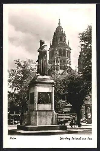 AK Mainz, Gutenberg-Denkmal mit Dom