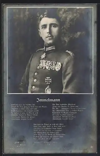 Foto-AK Sanke Nr. 377: Oberleutnant Immelmann mit Eisernem Kreuz, Flugzeug