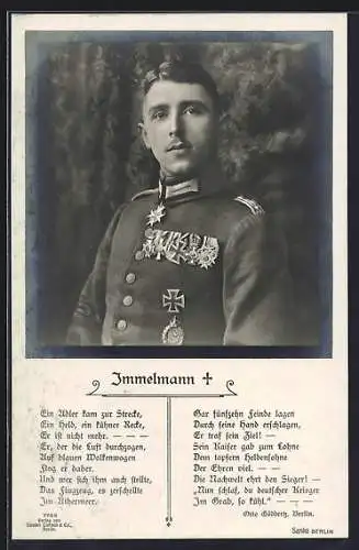 Foto-AK Sanke Nr. 7705: Kampfflieger Oberleutnant Immelmann in Uniform mit Pour le Merite-Orden