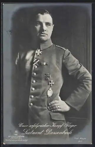 Foto-AK Sanke Nr. 416: Leutnant Dossenbach in Uniform mit Flugzeugführerabzeichen und EK I