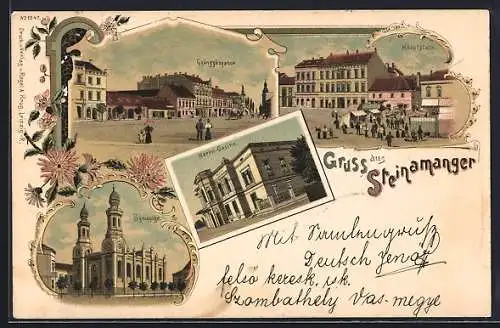 Lithographie Steinamanger, Synagoge, Gyöngyösgasse, Herrn-Casino, Hauptplatz