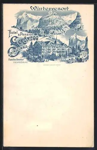 Lithographie Grindelwald, Hotel & Pension Schönegg der Fam. Stettler, Bergblick