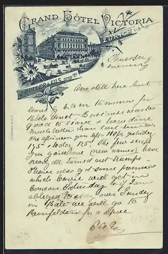 Vorläufer-Lithographie Zürich, 1894, Grand Hotel Victoria, J. Boller & Fils, prop.