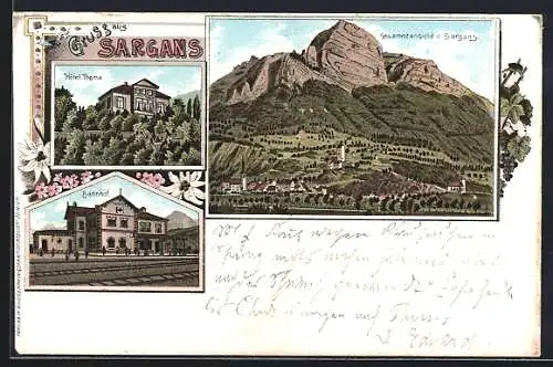 Lithographie Sargans, Hotel Thoma, Bahnhof, Totalansicht vor dem Berg