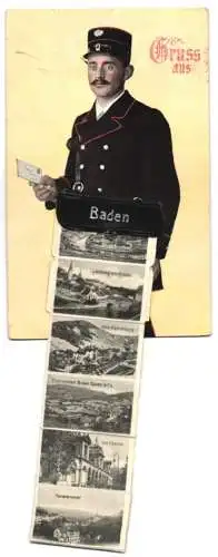 Leporello-AK Baden, Ansichten in der Brieftasche, Landvogteischloss, Ville Römerburg, Casino, Stadtturm