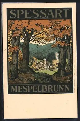 AK Mespelbrunn /Spessart, Ortsansicht aus dem Wald heraus