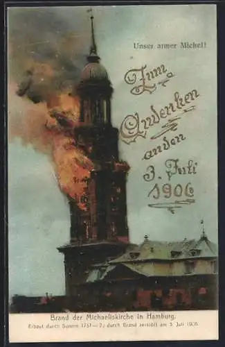 AK Hamburg-Neustadt, Brand der Michaeliskirche am 3. Juli 1906, Unser armer Michel!