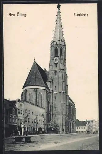 AK Neu Ötting, Pfarrkirche mit Brunnen