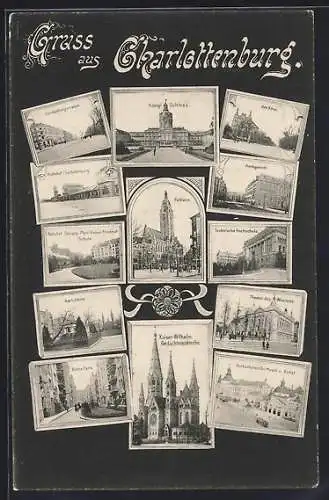 AK Berlin-Charlottenburg, verschiedene Ansichtskartenmotive, Montage, Am Knie, Amtsgericht, Göthze Park, etc.