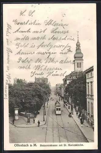 AK Offenbach a. M., Biebererstrasse mit St. Marienkirche, Strassenbahn