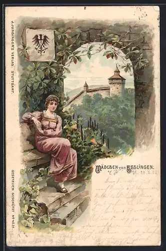 Lithographie Esslingen / Neckar, Mädchen gegen Burgmauer, Wappen
