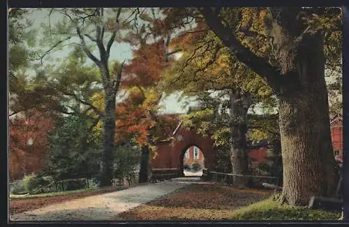 AK Quakenbrück, Schloss Vehr, Herbststimmung am Tor