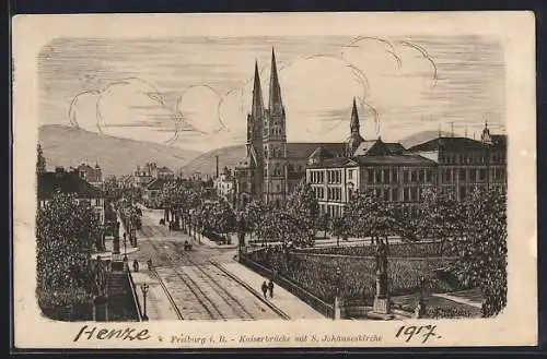 Künstler-AK Freiburg i. B., Kaiserbrücke mit S. Johanneskirche