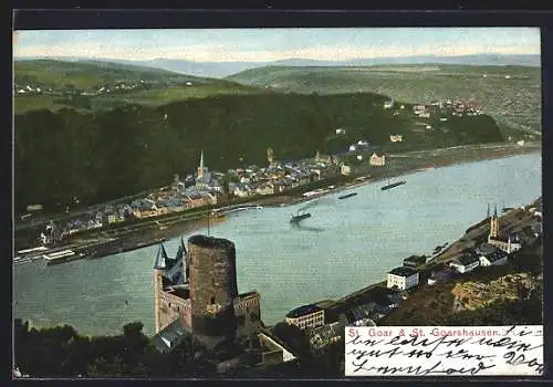 AK St. Goar, Burg Katz mit Blick über den Rhein und St. Goarshausen