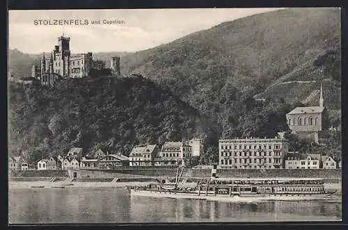 AK Blick auf Burg Stolzenfels und Capellen mit Raddampfer Elsa