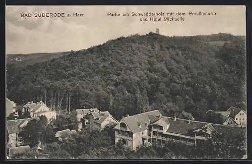 AK Bad Suderode a. Harz, Partie am Schwedderholz mit dem Preussenturm und Hôtel Michaelis