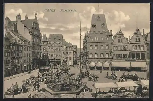 AK Trier, Strassenbahn auf dem Hauptmarkt, Marktstände