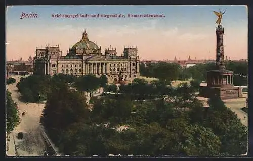 AK Berlin-Tiergarten, Reichstagsgebäude und Siegessäule, Bismarckdenkmal