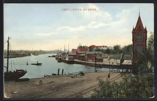 AK Lübeck, Partie am Hafen mit Dampfer