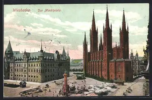 AK Wiesbaden, Marktplatz mit Kirche