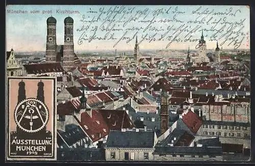 AK München, Ausstellung 1908, Teilansicht vom protestantischen Kirchturm