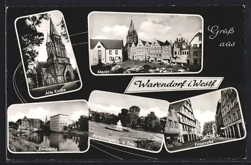 AK Warendorf i. Westf., Emsstrasse, Alte Kirche und Markt