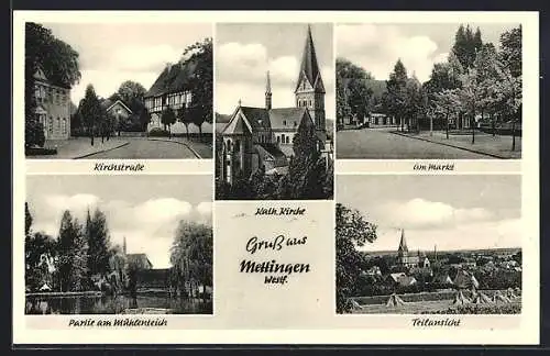 AK Mettingen /Westf., Kirchstrasse, Markt und Mühlenteich