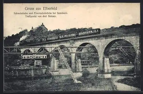 AK Elberfeld, Schwebebahn und Eisenbahnbrücke bei Sonnborn