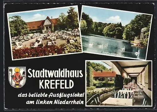 AK Krefeld, Restaurant Stadtwaldhaus der Eheleute Müller mit Terrasse und Aussenbereich, Stadtwaldsee