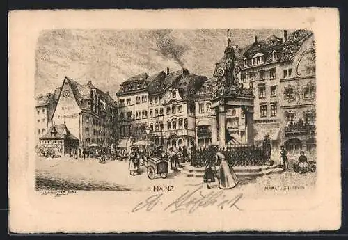 Künstler-AK Mainz, Markt und Brunnen