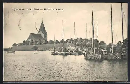 AK Insel Poel, Hafen mit Booten und Kirche