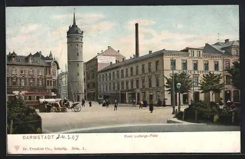 AK Darmstadt, Ernst-Ludwig-Platz mit Strassenbahn und Turm