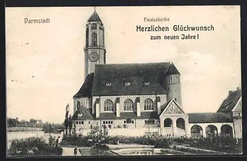 AK Darmstadt, Pauluskirche, Neujahrsgruss