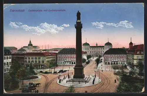 AK Darmstadt, Luisenplatz mit Ludwigssäule