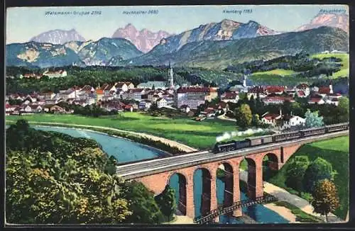 AK Traunstein, Ort mit Kirche, Brücke mit Eisenbahn