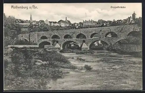 AK Rothenburg o. Tbr., Flusspartie und Doppelbrücke