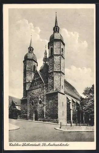 AK Eisleben, St. Andreaskirche mit Strassenpartie