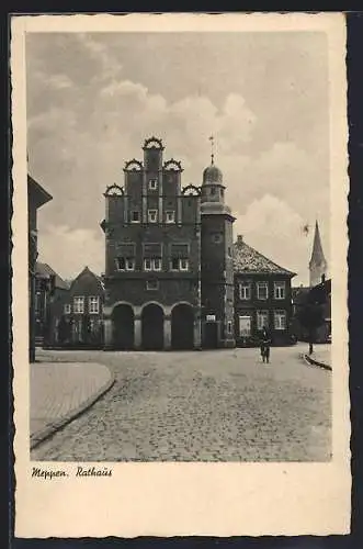 AK Meppen, Rathaus mit Strassenpartie