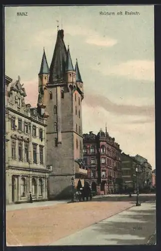 AK Mainz, Rheinstrasse mit Blick auf den Holzturm