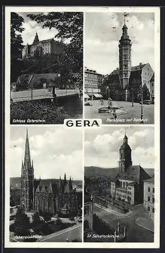 AK Gera, Schloss Osterstein, Marktplatz mit Rathaus, St. Salvatorkirche