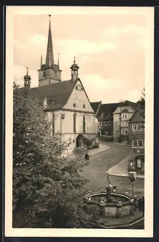 AK Pössneck /Thür., Marktplatz, Kirche und Brunnen