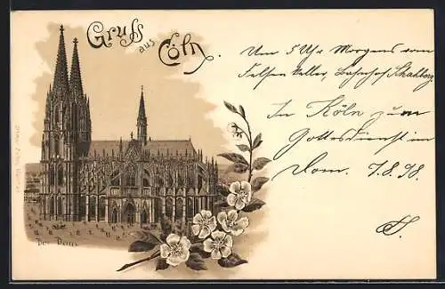 Lithographie Köln, Dom mit Blumen