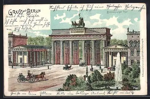 Lithographie Berlin, Brandenburger Tor mit Fontäne